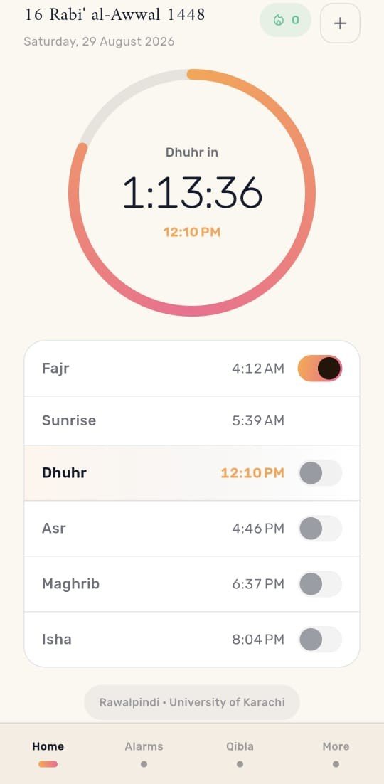 Fajr app home screen with today's prayer times and a countdown to Dhuhr